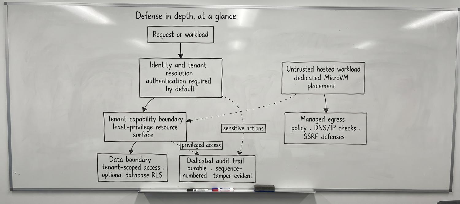 A request or workload passes through identity and tenant resolution to the tenant capability boundary and then the data boundary. An untrusted hosted workload in a dedicated MicroVM reaches the capability boundary and managed egress. Sensitive and privileged actions are recorded to a dedicated, tamper-evident audit trail.